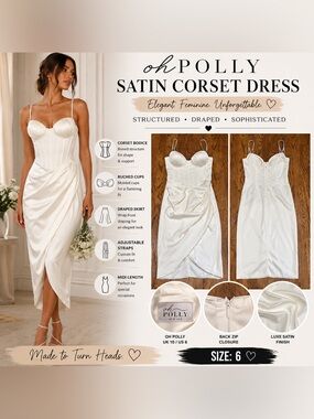 Oh Polly Ivory Satin Corset Bustier Draped Midi Dress Size 6 Wedding Homecoming